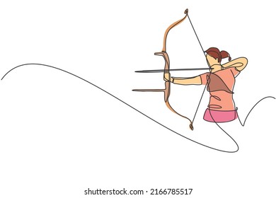One single line drawing of young archer woman focus exercising archery to hit target graphic vector illustration. Healthy refresh shooting with bow sport concept. Modern continuous line draw design