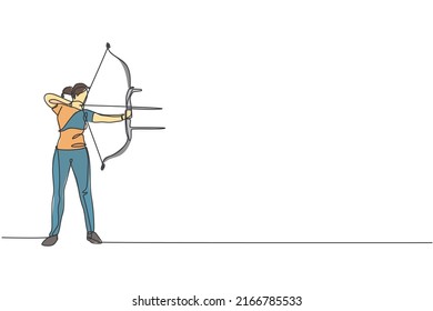 Un dibujo de una joven arquera enfoca el tiro con arco para impactar en el gráfico de ilustraciones vectoriales objetivo. Grabación de refresco saludable con el concepto de deporte de arco. Diseño de traza de línea continua moderna