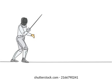 One single line drawing of young man fencer athlete in fencing costume exercising motion on sport arena vector illustration. Combative and fighting sport concept. Modern continuous line draw design