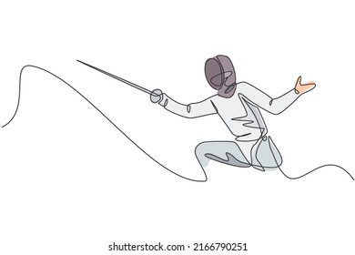 One single line drawing of young woman fencer athlete in fencing costume exercising motion on sport arena vector illustration. Combative and fighting sport concept. Modern continuous line draw design