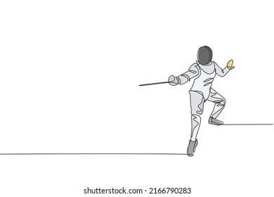 Eine einzelne Zeichnung des jungen Mannes Fencer-Athleten in Fechten Kostüm-Bewegung auf Sportarena Vektorgrafik. Konzept des Kampfes und der Bekämpfung des Sports. Modernes Design für fortlaufende Linienführung