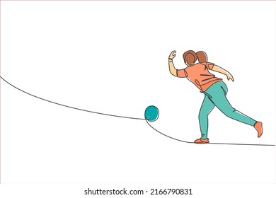 One single line drawing young talented bowling player woman throw ball to hit bowling pins vector graphic illustration. Healthy people lifestyle and sport concept. Modern continuous line draw design