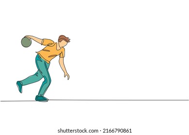 One single line drawing of young talented bowling player man throw ball to hit bowling pins graphic vector illustration. Healthy people lifestyle and sport concept. Modern continuous line draw design