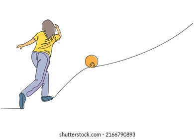 One single line drawing young talented bowling player woman throw ball to hit bowling pins graphic vector illustration. Healthy people lifestyle and sport concept. Modern continuous line draw design