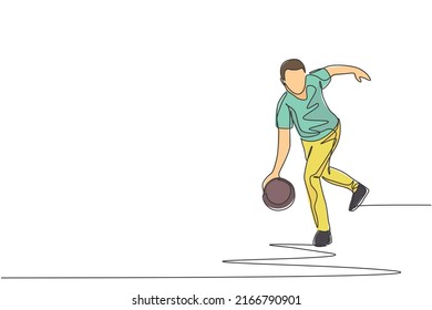 One single line drawing of young talented bowling player man throw ball to hit bowling pins graphic vector illustration. Healthy people lifestyle and sport concept. Modern continuous line draw design