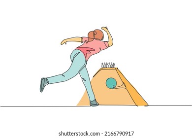 One single line drawing young talented bowling player woman throw ball to hit bowling pins vector illustration graphic. Healthy people lifestyle and sport concept. Modern continuous line draw design