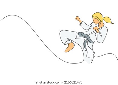 One single line drawing of young sporty karateka girl in fight uniform with belt exercising martial art at gym vector illustration. Healthy sport lifestyle concept. Modern continuous line draw design