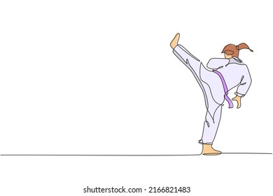 One single line drawing of young sporty karateka girl in fight uniform with belt exercising martial art at gym vector illustration. Healthy sport lifestyle concept. Modern continuous line draw design