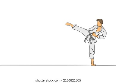 One single line drawing of young sporty karateka man in fight uniform with belt exercising martial art at gym vector illustration. Healthy sport lifestyle concept. Modern continuous line draw design