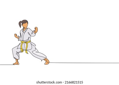 One single line drawing young sporty karateka girl in fight uniform and belt exercising martial art at gym vector illustration  Healthy sport lifestyle concept  Modern continuous line draw design
