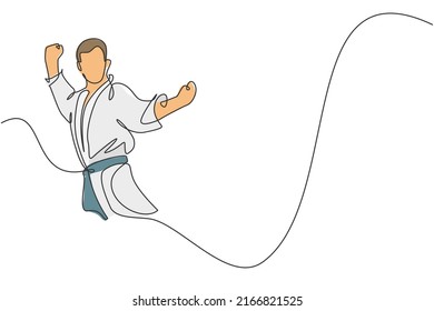 One single line drawing of young sporty karateka man in fight uniform with belt exercising martial art at gym vector illustration. Healthy sport lifestyle concept. Modern continuous line draw design