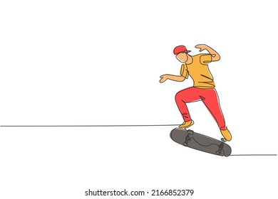 One single line drawing of young skateboarder man exercise riding skateboard in city street vector illustration. Teen lifestyle and extreme outdoor sport concept. Modern continuous line draw design