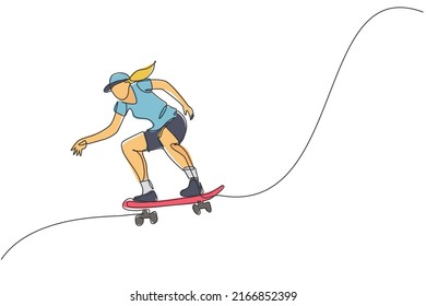 One single line drawing of young skateboarder woman exercise riding skateboard in city street vector illustration. Teen lifestyle and extreme outdoor sport concept. Modern continuous line draw design