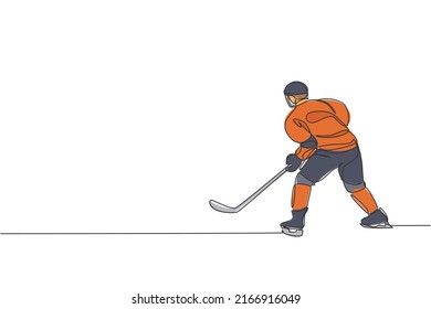 One single line drawing of young ice hockey player in action to play a competitive game on ice rink stadium graphic vector illustration. Sport tournament concept. Modern continuous line draw design