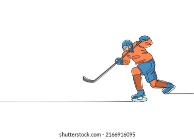 One single line drawing of young ice hockey player in action to play a competitive game on ice rink stadium vector graphic illustration. Sport tournament concept. Modern continuous line draw design