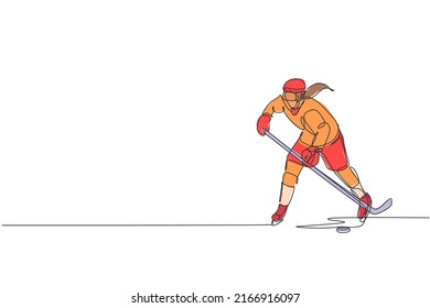 Eine einzelne Zeichnung des jungen Eishockeyspielers in Aktion, um ein konkurrenzfähiges Spiel auf der Eisbahn-Stadion Vektorgrafik zu spielen. Sportturnier-Konzept. Modernes Design für fortlaufende Linienführung