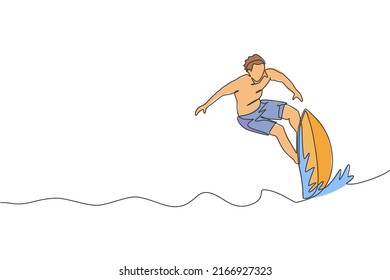 Dibujo de una sola línea de un joven deportista hombre montado en grandes olas en el paraíso de la playa surf ilustración gráfica vector. Concepto de estilo de vida del deporte en aguas extremas. Diseño de traza de línea continua moderna