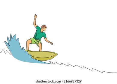 One single line drawing of young sporty surfer man riding on big waves barrel in surfing beach paradise graphic vector illustration. Extreme water sport concept. Modern continuous line draw design