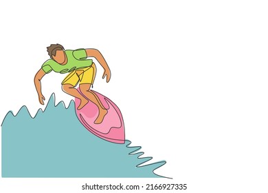 One single line drawing of young sporty surfer man riding on big waves barrel in surfing beach paradise vector illustration. Extreme water sport lifestyle concept. Modern continuous line draw design