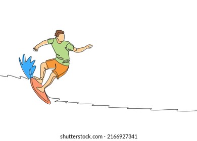 One single line drawing of young sporty surfer man riding on big waves in surfing beach paradise vector illustration graphic. Extreme water sport concept. Modern continuous line draw design