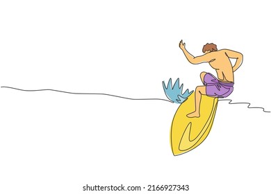 One single line drawing of young sporty surfer man riding on big waves barrel in surfing beach paradise vector illustration. Extreme water sport lifestyle concept. Modern continuous line draw design