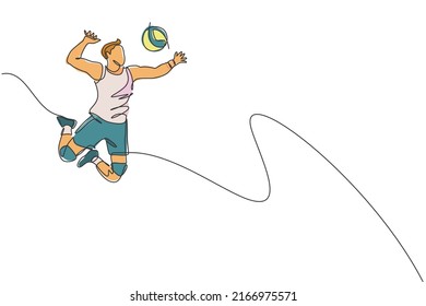 One single line drawing of young male professional volleyball player exercising jumping spike on court vector illustration. Team sport concept. Tournament event. Modern continuous line draw design