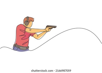 Eine einzige Linie Zeichnung von jungen Mann, der trainiert, Ziel in Reichweite auf Schießen Boden Vektorgrafik-Illustration. Tontaubenschießen Sportkonzept. Modernes Design für fortlaufende Linienführung