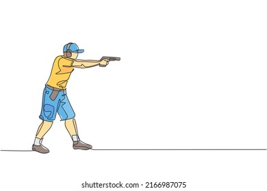Un dibujo de una sola línea de un joven practicando para disparar a distancia en el entrenamiento de tiro ilustración de vector gráfico de tierra. El concepto de deporte de tiro con paloma de arcilla. Diseño de traza de línea continua moderna