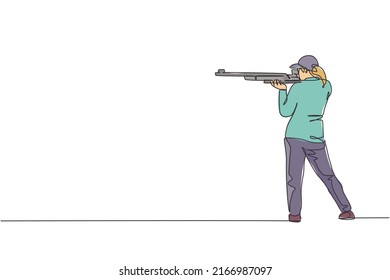 One single line drawing young woman practicing to shot target in range on shooting training ground vector graphic illustration. Clay pigeon shooting sport concept. Modern continuous line draw design