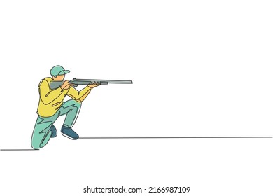 One single line drawing of young man practicing to shot target in range on shooting training ground vector graphic illustration. Clay pigeon shooting sport concept. Modern continuous line draw design