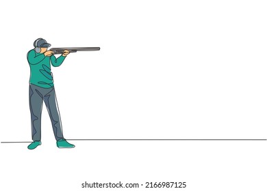 One single line drawing of young man practicing to shot target in range on shooting training ground vector illustration graphic. Clay pigeon shooting sport concept. Modern continuous line draw design