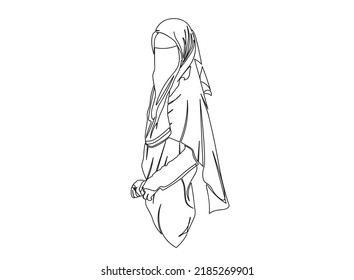 One single line drawing of young attractive Asian Muslim wearing burqa. Traditional beauty Arabian woman niqab cloth concept continuous line draw design vector illustration