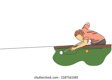 Un dibujo de una sola línea de un joven apuesto hombre jugando billares en la gráfica de ilustración vectorial de la sala de billar. Concepto de juego recreativo deportivo en interiores. Diseño de traza de línea continua moderna