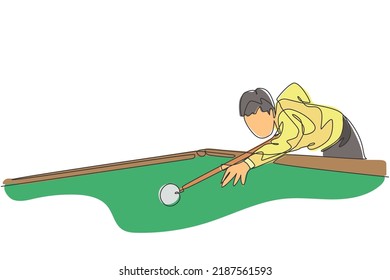 One single line drawing of young handsome man playing pool billiards at billiard room vector illustration graphic. Indoor sport recreational game concept. Modern continuous line draw design