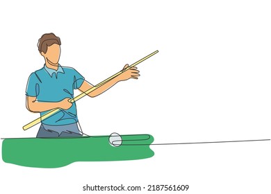 One single line drawing of young handsome man playing pool billiards at billiard room vector illustration graphic. Indoor sport recreational game concept. Modern continuous line draw design