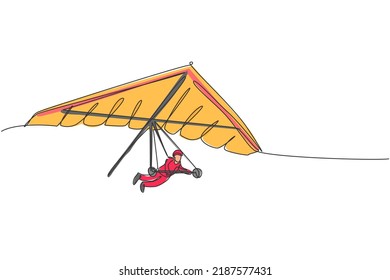 One Single Line Drawing Of Young Sporty Man Flying With Hang Gliding Parachute On The Sky Vector Graphic Illustration. Extreme Sport Concept. Modern Continuous Line Draw Design