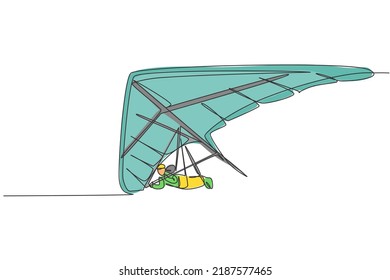 One Single Line Drawing Of Young Sporty Man Flying With Hang Gliding Parachute On The Sky Graphic Vector Illustration. Extreme Sport Concept. Modern Continuous Line Draw Design