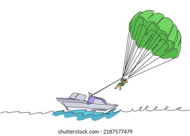 One single line drawing of young sporty man flying with parasailing parachute on the sky pulled by a boat vector graphic illustration. Extreme sport concept. Modern continuous line draw design