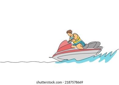 Un dibujo de una sola línea de un joven deportista toca el esquí en la playa de mar ilustración vectorial gráfica. Estilo de vida saludable y concepto de deporte extremo. Vacaciones de verano. Diseño de traza de línea continua moderna