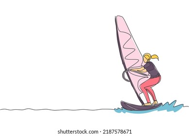 Un dibujo de una joven deportista de línea única juega al windsurf en la ilustración vectorial de la playa marina. Estilo de vida saludable y concepto de deporte extremo. Vacaciones de verano. Diseño de traza de línea continua moderna