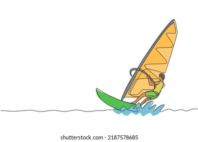 One single line drawing young sporty man play windsurfing in the sea beach graphic vector illustration. Healthy lifestyle and extreme sport concept. Summer vacation. Modern continuous line draw design