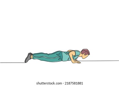 One single line drawing young man working out. Man push up in gym to strengthen body vector illustration. Fitness sport bodybuilding and healthy lifestyle concept. Modern continuous line draw design
