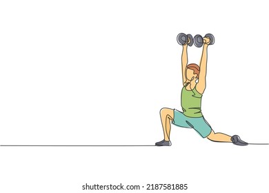 One Single Line Drawing Young Energetic Man Working Out Doing Low Lunge With Dumbbell In Gym Vector Illustration. Fitness Sport Bodybuilding And Healthy Lifestyle Concept. Modern Continuous Line Draw