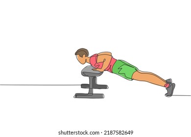 Un dibujo de una sola línea de un hombre joven y enérgico ejercita empuja hacia arriba con banco en el gimnasio gimnasio de la imagen gráfica vectorial. El concepto de deporte de estilo de vida saludable. Diseño de traza de línea continua moderna