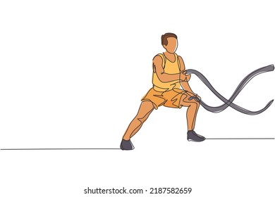 Eine einzige Zeichnung der jungen energetischen Mann-Bewegung auf Schlachtseil zu trainieren Ausdauer in Fitnesscenter, Vektorgrafik. Gesundes Lifestyle-Sportkonzept. Modernes Design für fortlaufende Linienführung