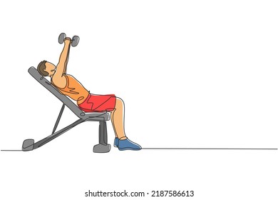 Un dibujo de una sola línea de hombre joven y enérgico ejercicio con banco de prensa en el gimnasio de fitness ilustración gráfica vectorial. El concepto de deporte de estilo de vida saludable. Diseño de traza de línea continua moderna