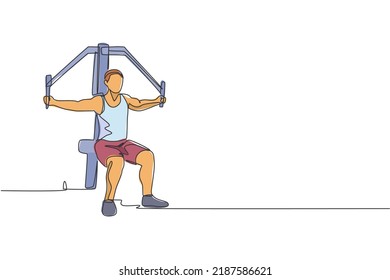 Un dibujo de una sola línea de un hombre joven y enérgico ejercicio con máquina de fuerza de martillo en el gimnasio de fitness centro gráfico de ilustración vectorial. El concepto de deporte de estilo de vida saludable. Diseño de traza de línea continua moderna