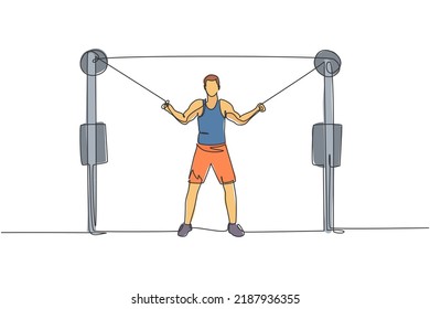 Un dibujo de una sola línea de un hombre joven y enérgico ejercicio con cable cruzado en el gimnasio gimnasio gráfico de ilustración vectorial de gimnasio. El concepto de deporte de estilo de vida saludable. Diseño de traza de línea continua moderna