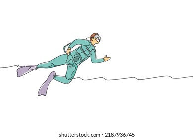Un dibujo de una sola línea de un hombre joven y enérgico nadando en el océano marino para ver peces, arrecifes de coral y ilustración de vectores de vida subacuáticos. Concepto de deporte de estilo de vida saludable. Diseño de traza de línea continua moderna