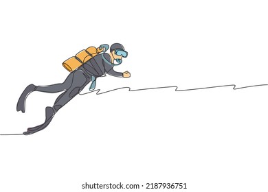 One single line drawing of young energetic man do scuba diving to explore coral reef and sea ocean life world vector illustration. Healthy lifestyle sport concept. Modern continuous line draw design